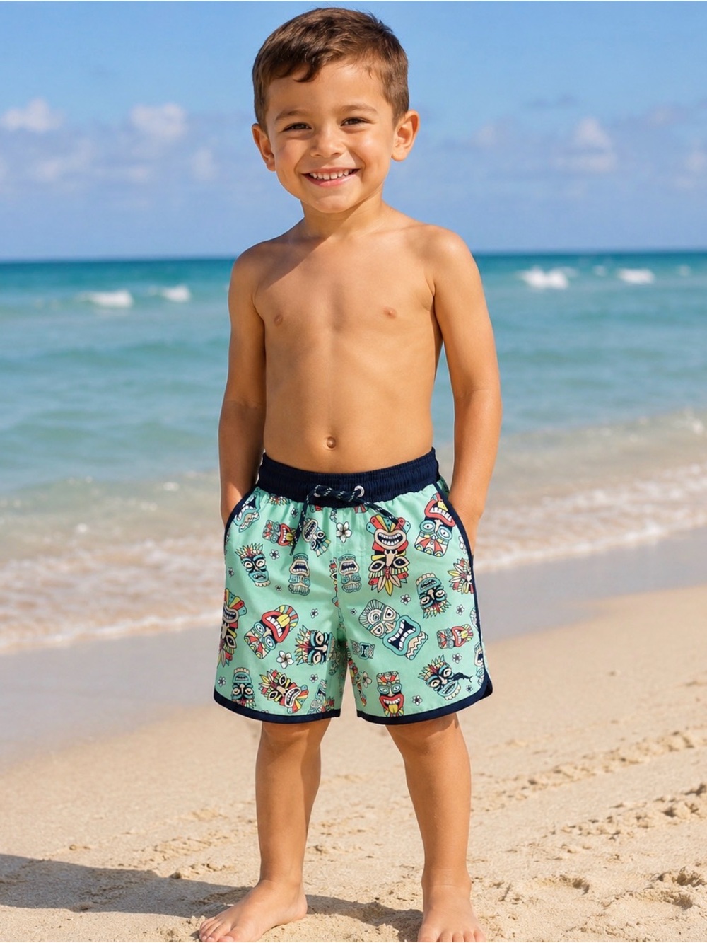Tommy Bahama Tiki Tribal Masks Childs Swimming Trunks Green & Blue Size 5/6